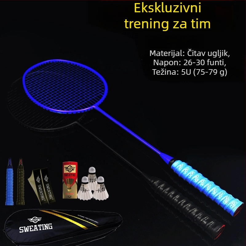 Badminton reketa s karbonskim vlaknima; težina 75–79 g; debljina ručke G4; tip reketa: ravni udarac