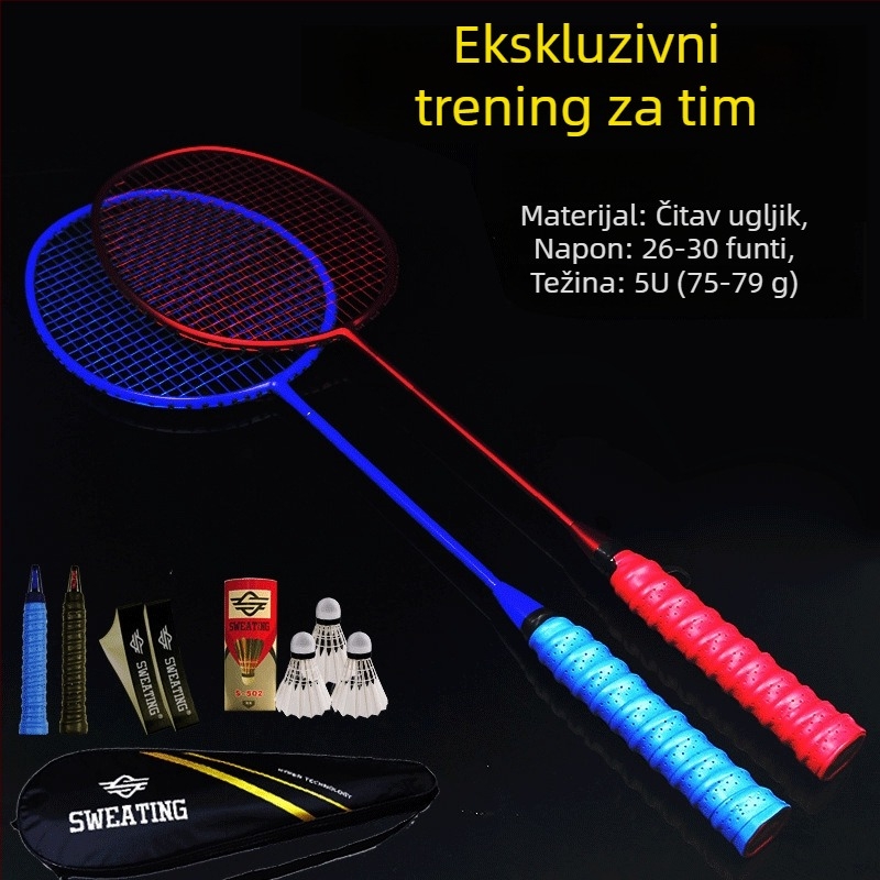 Badminton reketa s karbonskim vlaknima; težina 75–79 g; debljina ručke G4; tip reketa: ravni udarac