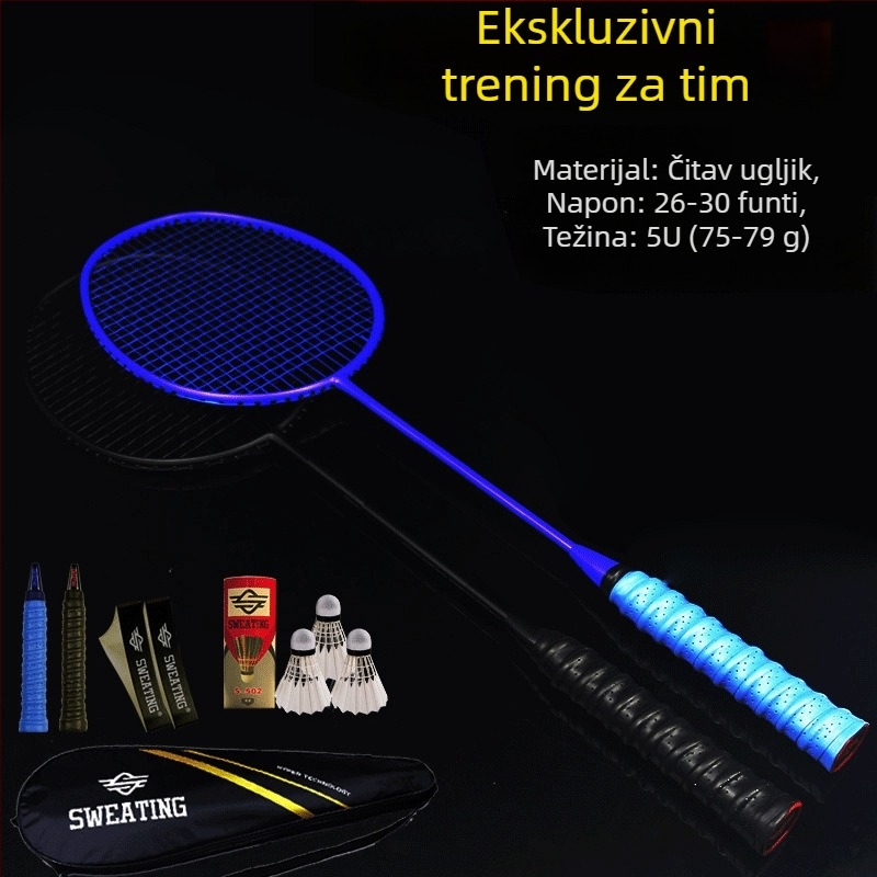 Badminton reketa s karbonskim vlaknima; težina 75–79 g; debljina ručke G4; tip reketa: ravni udarac