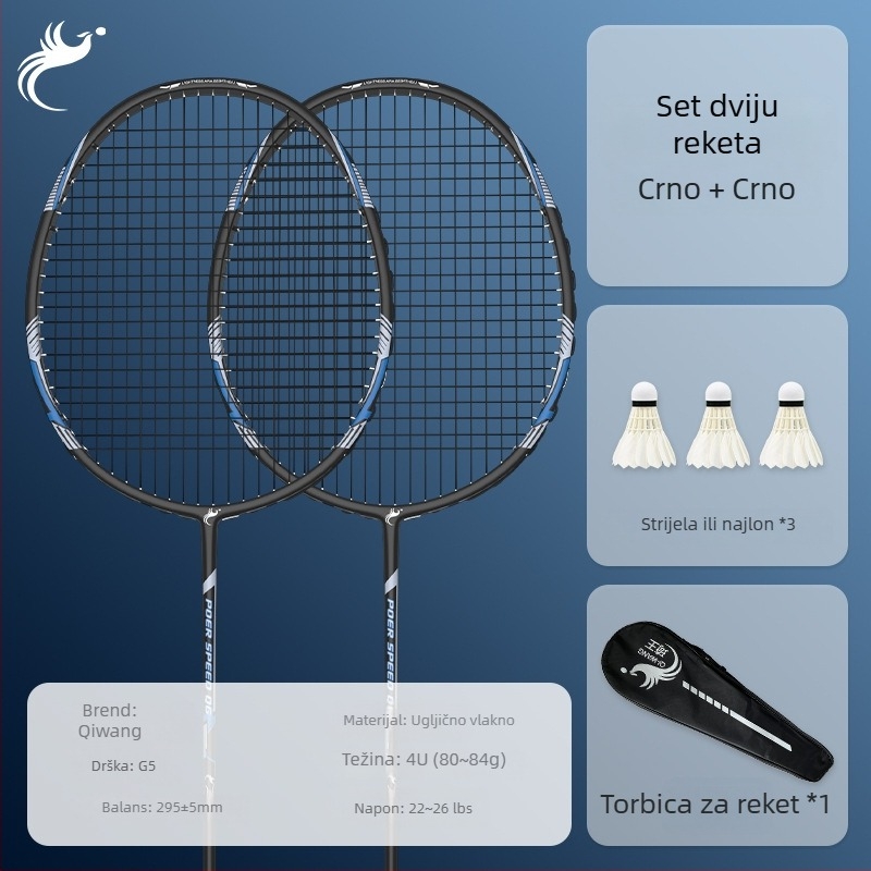 Badminton reketa s potpuno karbonskim okvirom, ofenzivno izbalansirana glava, težina 80–84 g, debljina ručke G5, tvrdoća šipke umjerena