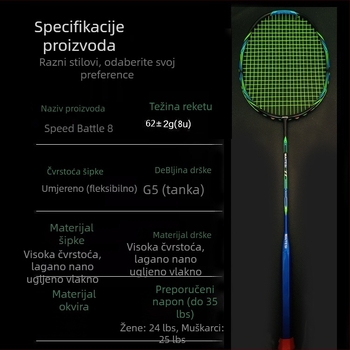Raketa za badminton, okvir od karbonskih vlakana, ravna osovina, drška G5, srednja fleksija, pogodna za početnike