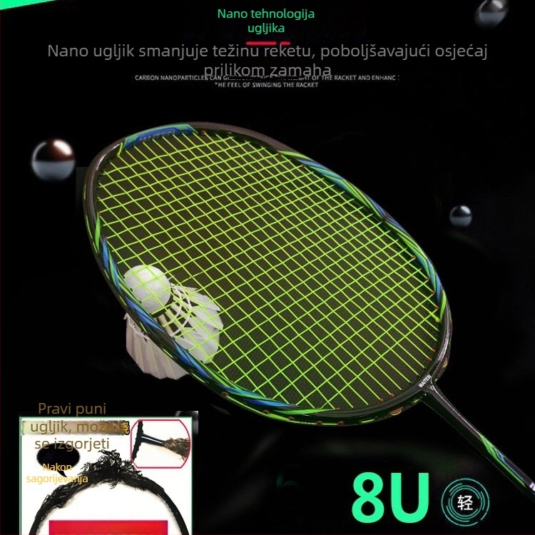 Raketa za badminton, okvir od karbonskih vlakana, ravna osovina, drška G5, srednja fleksija, pogodna za početnike