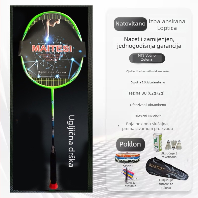 Raketa za badminton, okvir od karbonskih vlakana, ravna osovina, drška G5, srednja fleksija, pogodna za početnike