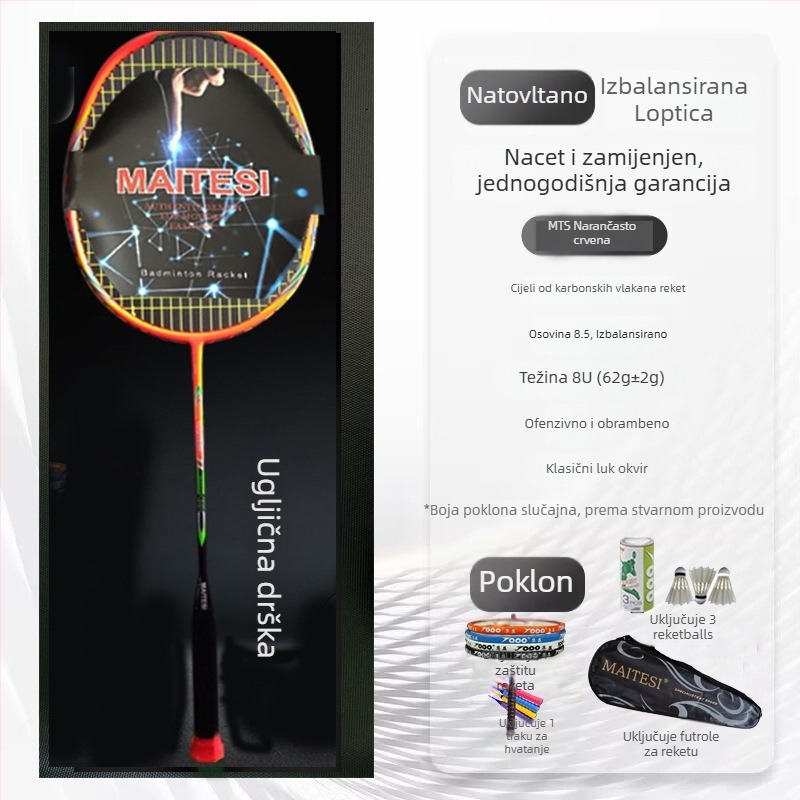 Raketa za badminton, okvir od karbonskih vlakana, ravna osovina, drška G5, srednja fleksija, pogodna za početnike