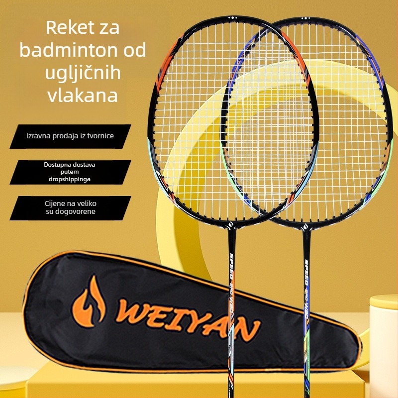 Badminton reketa – karbonsko vlakno okvir, težina 90–94 g, paket od 2 reketa, ravna šaft, za početnike i napredne igrače