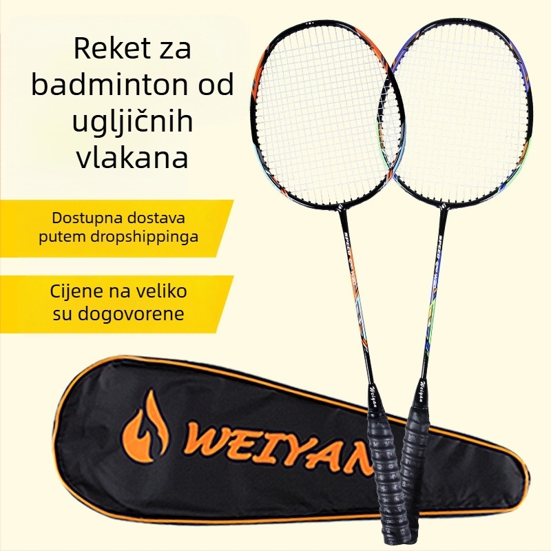 Badminton reketa – karbonsko vlakno okvir, težina 90–94 g, paket od 2 reketa, ravna šaft, za početnike i napredne igrače