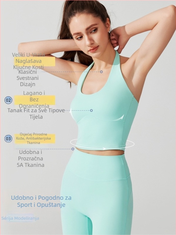 Halter sportski grudnjak i jednodijelni top za jogu u jednom komadu, puna šalica, tanke oblikovane čašice, fiksne halter trake, antibakterijska nude tkanina (81% najlon, 19% spandex)
