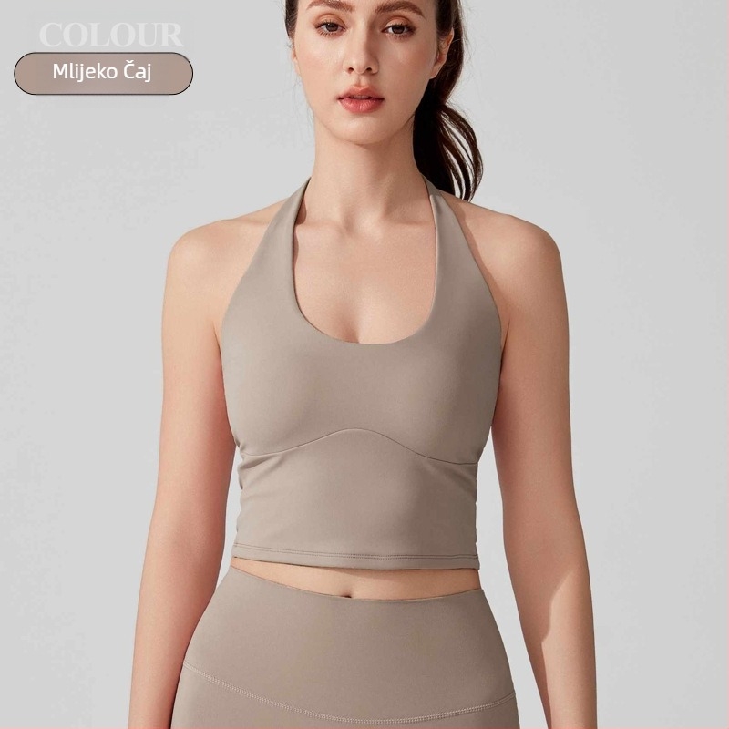 Halter sportski grudnjak i jednodijelni top za jogu u jednom komadu, puna šalica, tanke oblikovane čašice, fiksne halter trake, antibakterijska nude tkanina (81% najlon, 19% spandex)