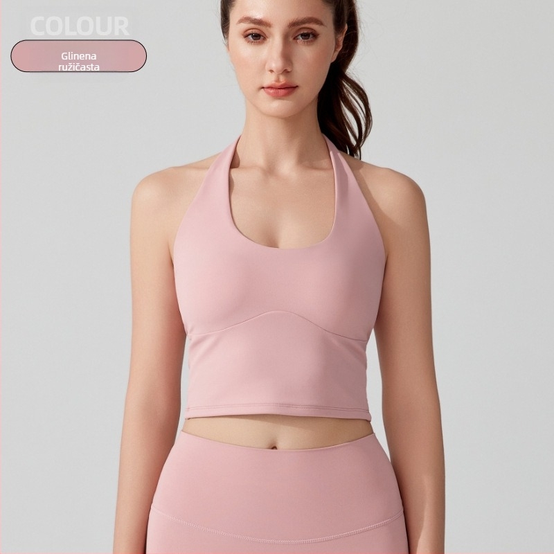 Halter sportski grudnjak i jednodijelni top za jogu u jednom komadu, puna šalica, tanke oblikovane čašice, fiksne halter trake, antibakterijska nude tkanina (81% najlon, 19% spandex)