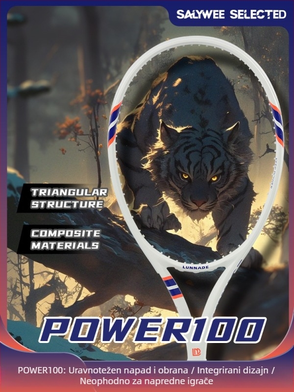 Teniska raketa s karbonskim okvirom, najlonske žice, težina 95–100 g, izuzetno tvrda, direktan udarac