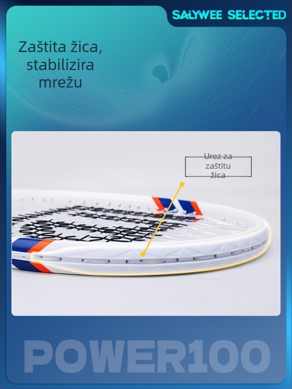 Teniska raketa s karbonskim okvirom, najlonske žice, težina 95–100 g, izuzetno tvrda, direktan udarac