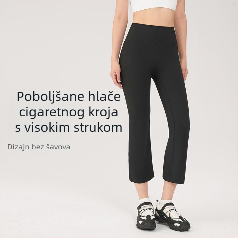 Cigaret hlače za jogu s visokim strukom, kratke, blago proširene, od elastične sportske tkanine Nylon-Spandex