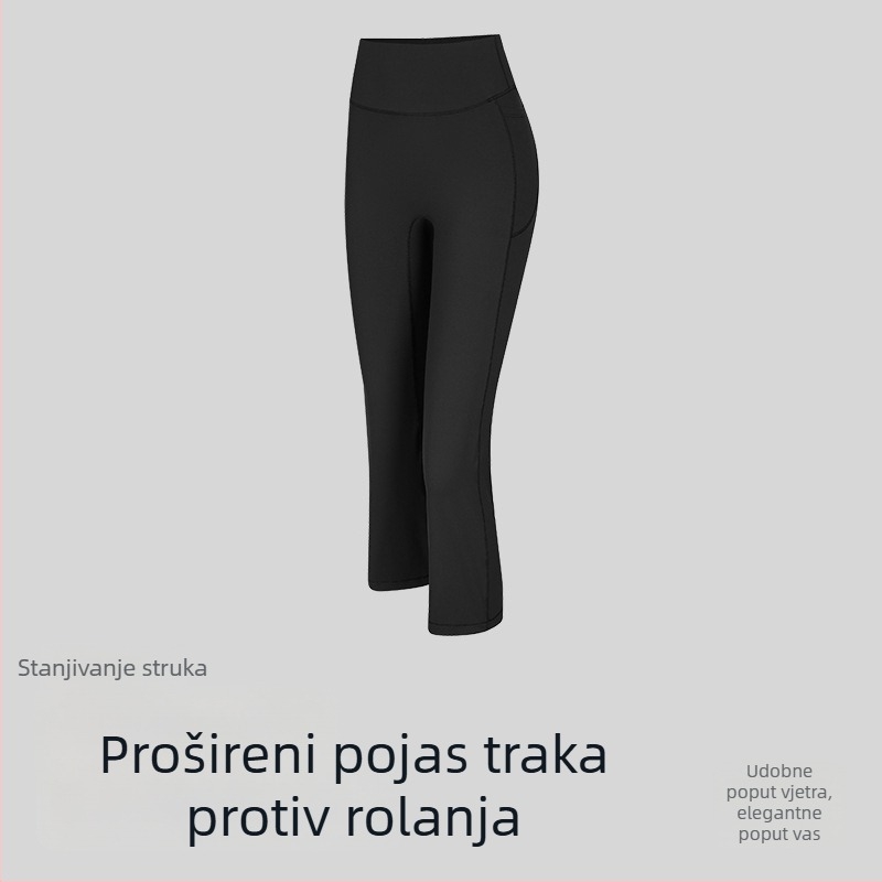 Cigaret hlače za jogu s visokim strukom, kratke, blago proširene, od elastične sportske tkanine Nylon-Spandex