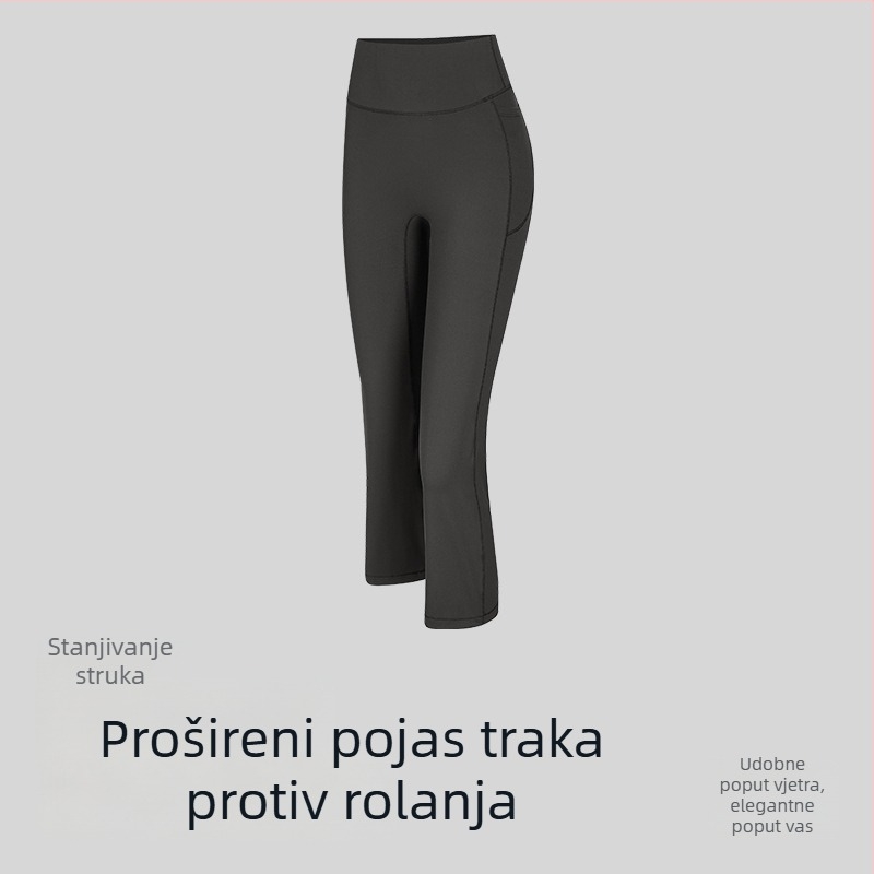 Cigaret hlače za jogu s visokim strukom, kratke, blago proširene, od elastične sportske tkanine Nylon-Spandex