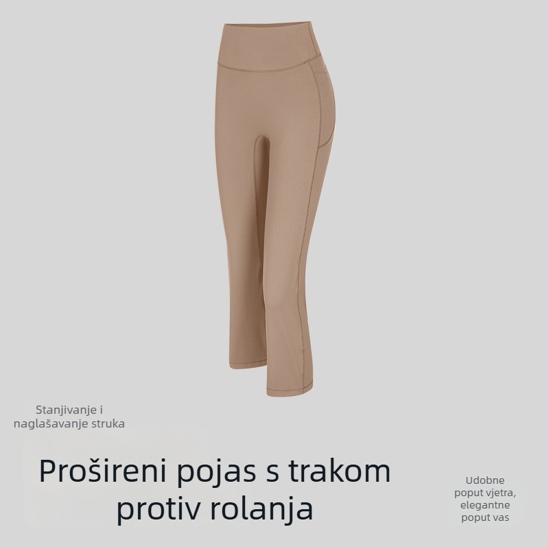 Cigaret hlače za jogu s visokim strukom, kratke, blago proširene, od elastične sportske tkanine Nylon-Spandex