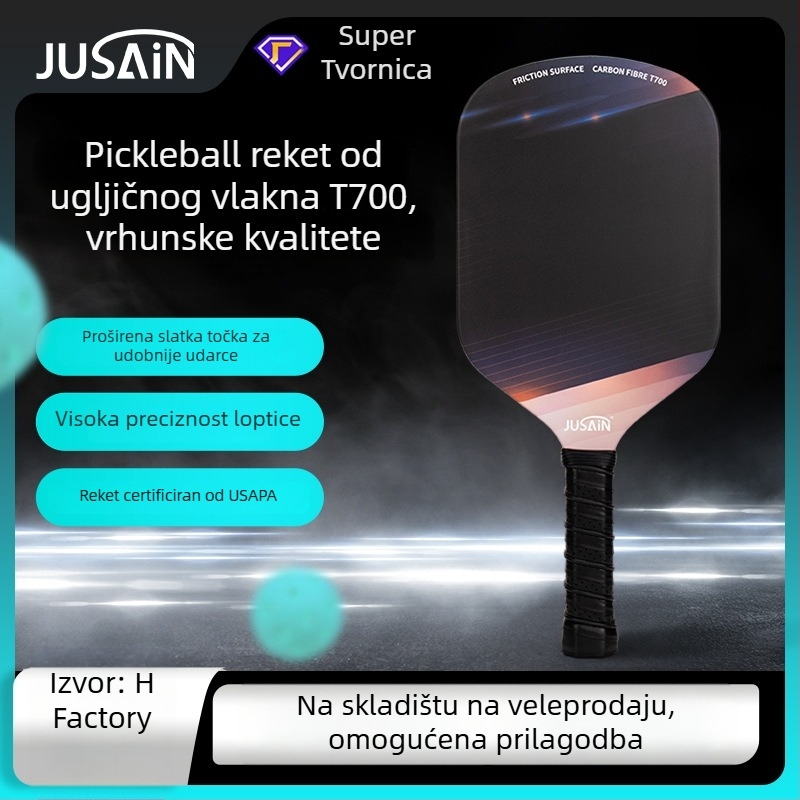 Jusian karbonska pickleball raketa — oko 225 g, jednodijelna konstrukcija s toplim presom, natjecateljskog ranga