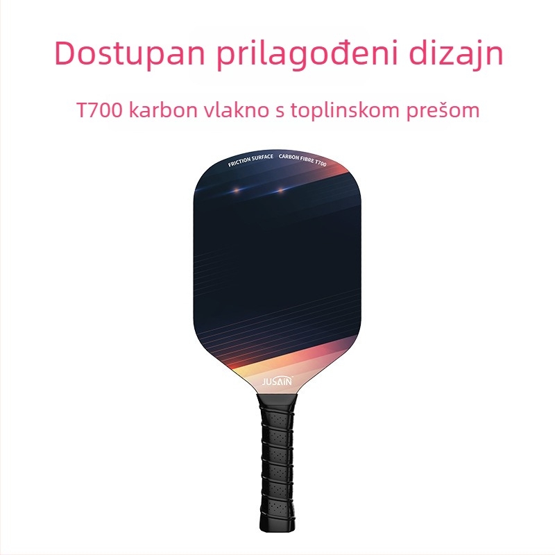 Jusian karbonska pickleball raketa — oko 225 g, jednodijelna konstrukcija s toplim presom, natjecateljskog ranga