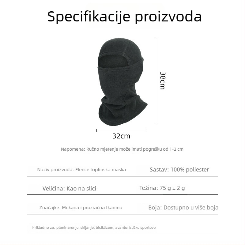 Maska za biciklizam s kapuljom otporna na vjetar, fleece podstava, unisex, poliester – marka Qianqianwo