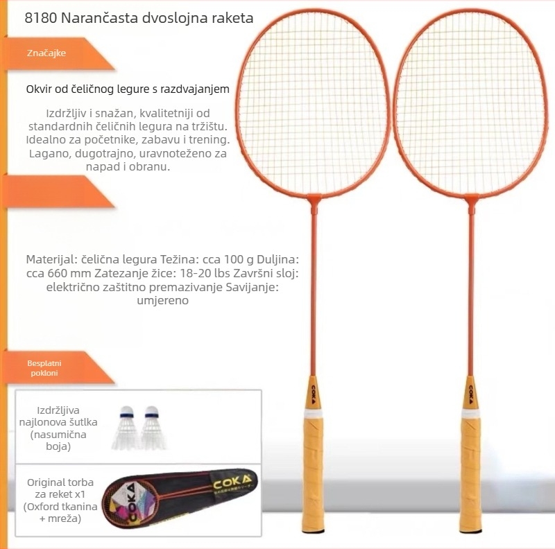 Raketa za badminton s Ferroalloy okvirom; Nylon užad; težina 95–100 g; debljina drške G5; pravolinijski udar
