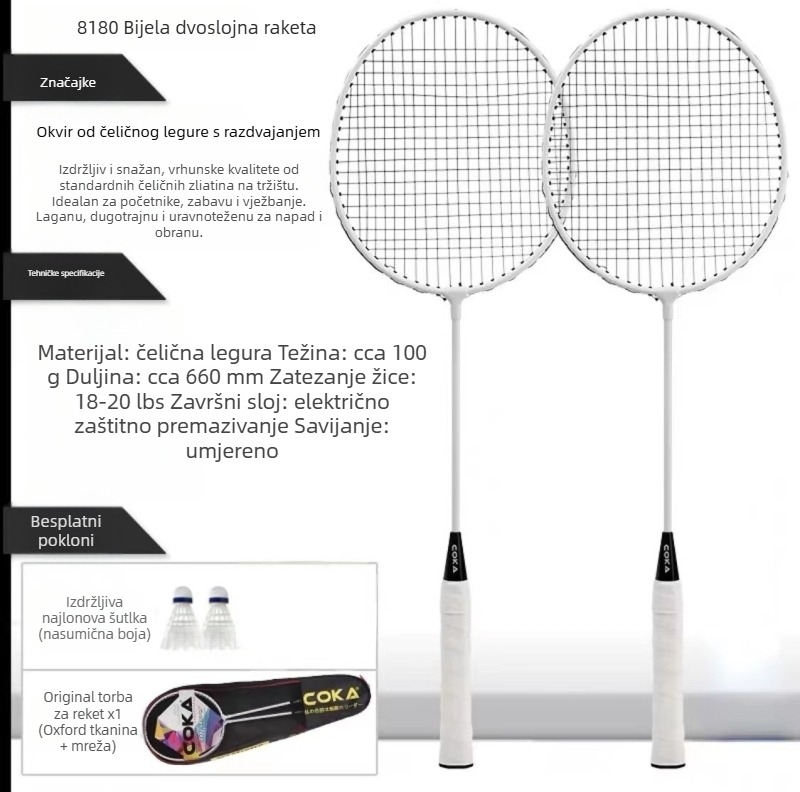 Raketa za badminton s Ferroalloy okvirom; Nylon užad; težina 95–100 g; debljina drške G5; pravolinijski udar