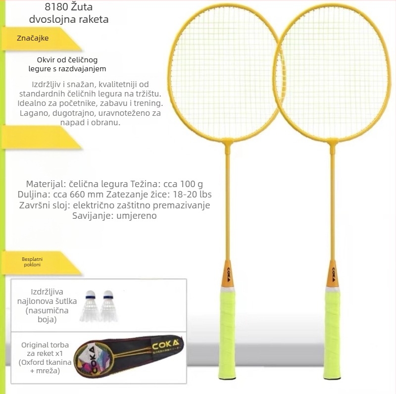 Raketa za badminton s Ferroalloy okvirom; Nylon užad; težina 95–100 g; debljina drške G5; pravolinijski udar
