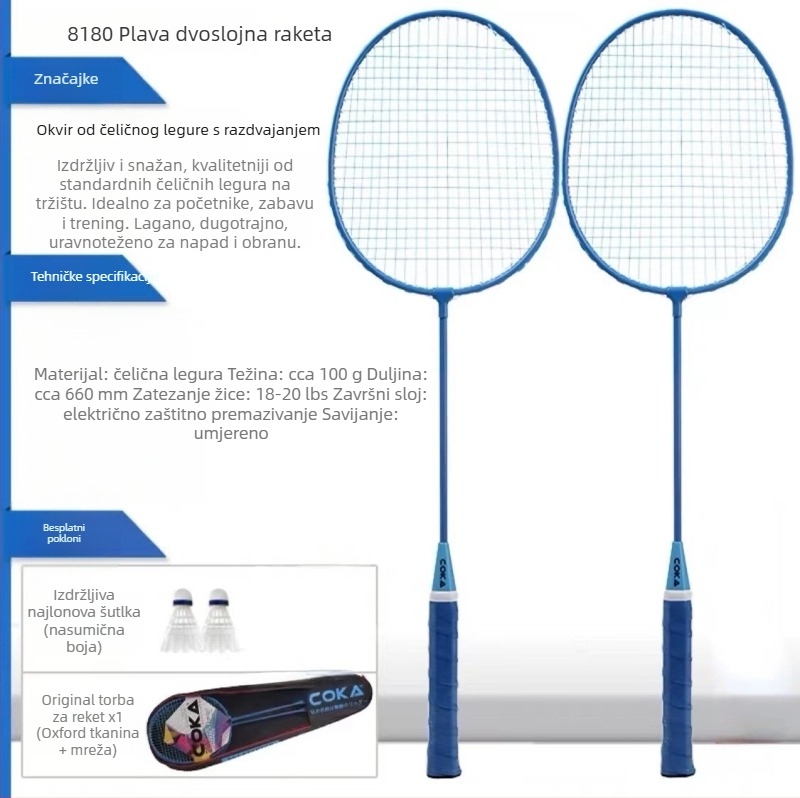 Raketa za badminton s Ferroalloy okvirom; Nylon užad; težina 95–100 g; debljina drške G5; pravolinijski udar