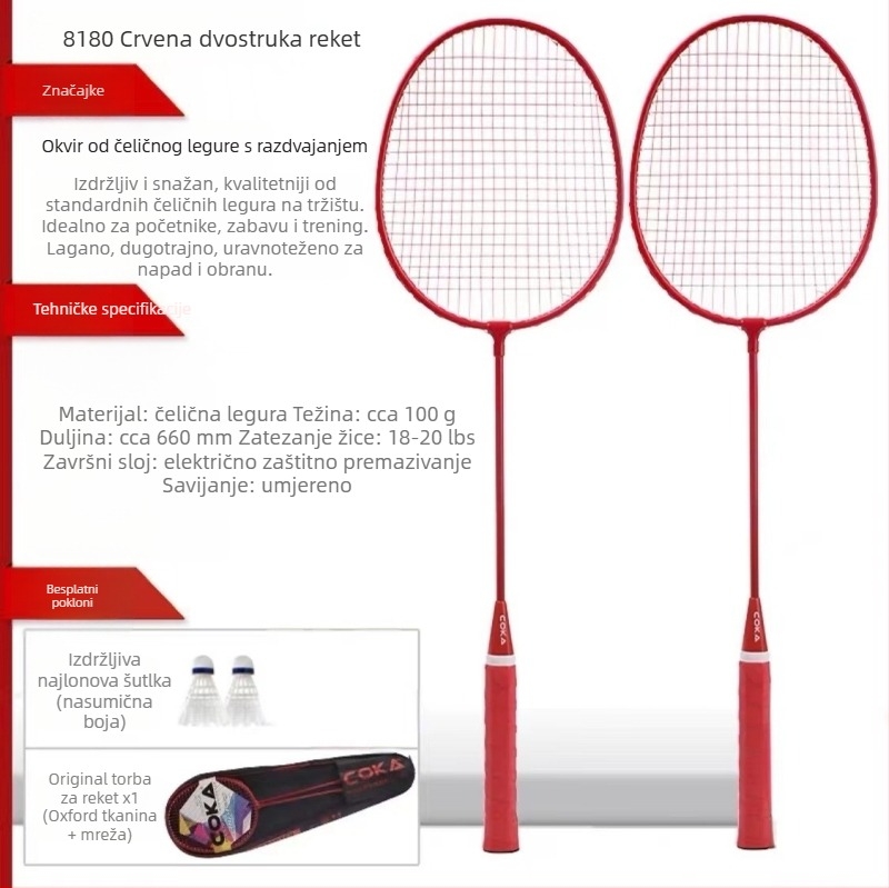 Raketa za badminton s Ferroalloy okvirom; Nylon užad; težina 95–100 g; debljina drške G5; pravolinijski udar