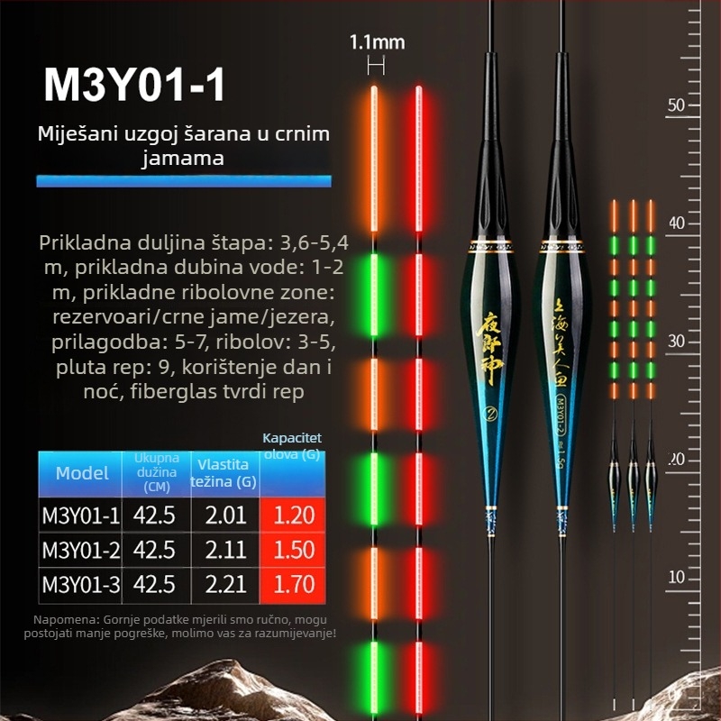 Mermaid vertikalna drift pluta s elektroničkim senzorom za ugriz, kompozitno tijelo, tvrdi rep, dnevno/noćna upotreba