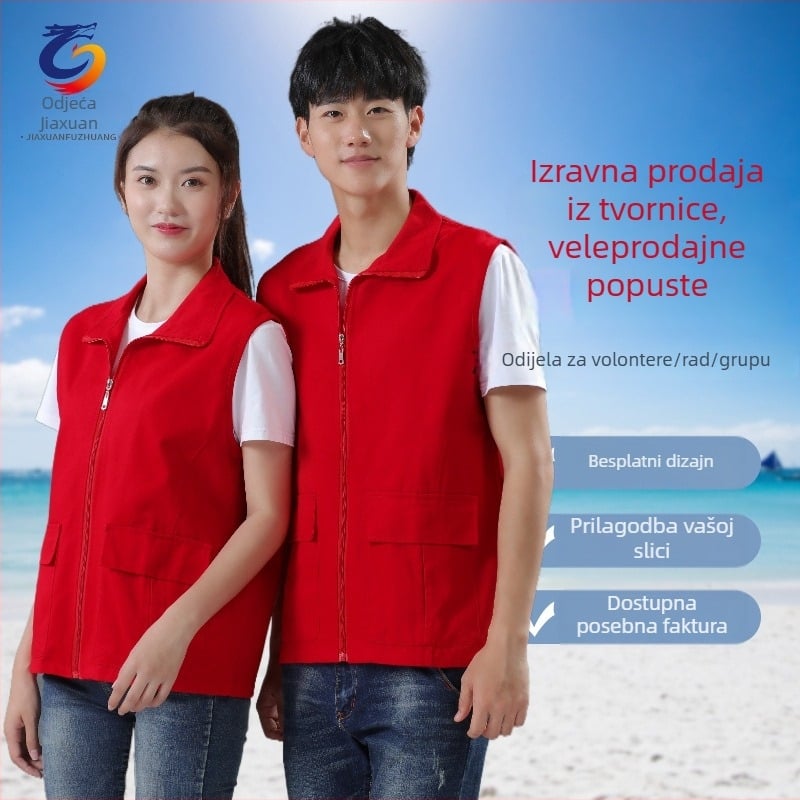 Reklamni prsluk za volontere – Materijal: 100% pamuk; Zatvaranje: zip; Podstava: najlon; Ovratnik: klasičan