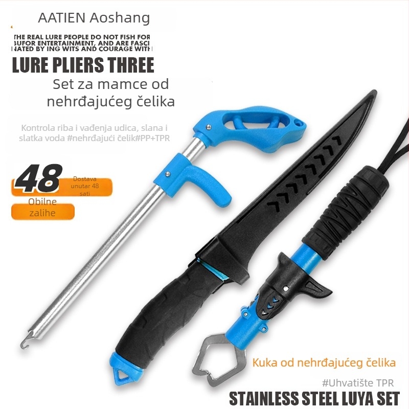 Atisen set alata za ribolov – uklanjivanje kuka, alat za vezivanje kuka, nož za ribu; Marka: Atisen; Porijeklo: Kina; Materijali: 420SS, aluminij, PP, TPR
