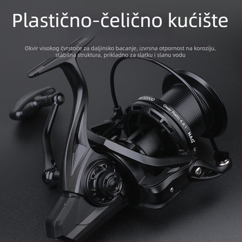ROLLFISH dugački bacajući spinning kolut, model 14000, potpuno metalna konstrukcija, prednji kočnica, zamjenjiva ručka lijevo/desno