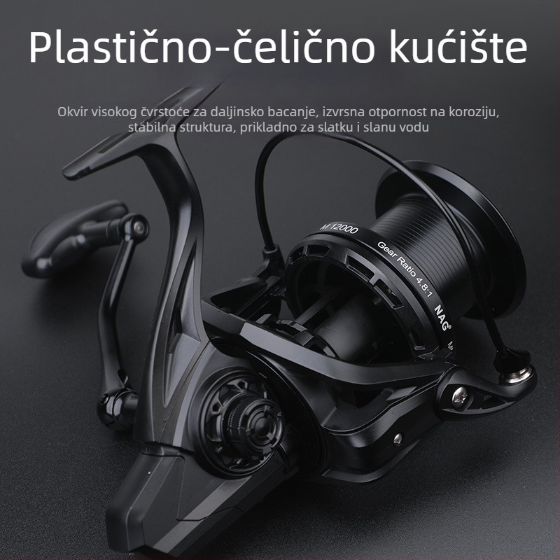 ROLLFISH dugački bacajući spinning kolut, model 14000, potpuno metalna konstrukcija, prednji kočnica, zamjenjiva ručka lijevo/desno