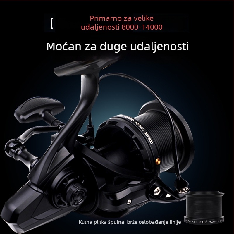 ROLLFISH dugački bacajući spinning kolut, model 14000, potpuno metalna konstrukcija, prednji kočnica, zamjenjiva ručka lijevo/desno