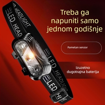LED čelna lampica s senzorom pokreta, USB punjenje, nosiva na glavi, za noćno trčanje i ribolov, 800mAh baterija, 3W LED