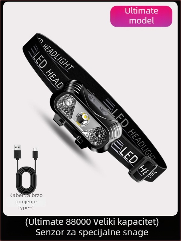 LED čelna lampica s senzorom pokreta, USB punjenje, nosiva na glavi, za noćno trčanje i ribolov, 800mAh baterija, 3W LED