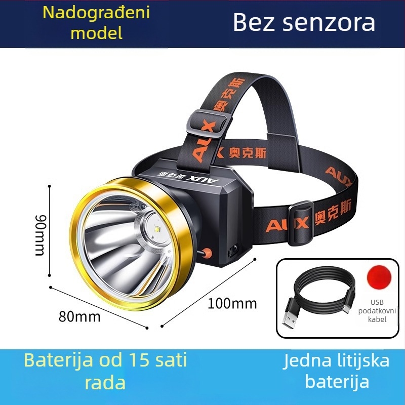 Napajana LED čelna lampa za vanjsku upotrebu — dugotrajna autonomija, nosiva na glavi, za noćni ribolov, noćne vožnje i otkrivanje rupa