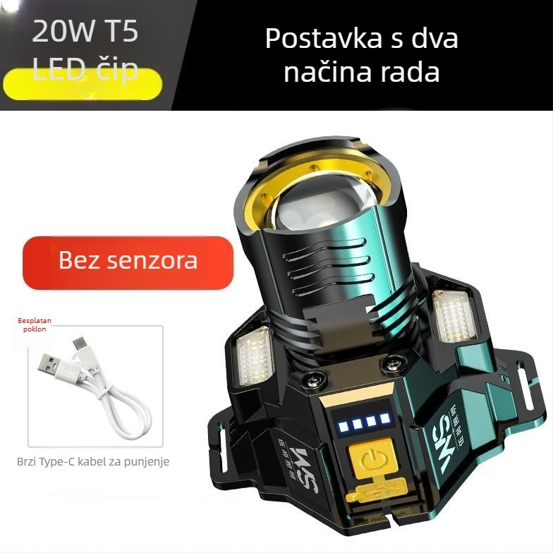 LED čelna svjetiljka s indukcijom | baterijsko napajanje | 15–20W | laserski izvor svjetla | tijelo od smole
