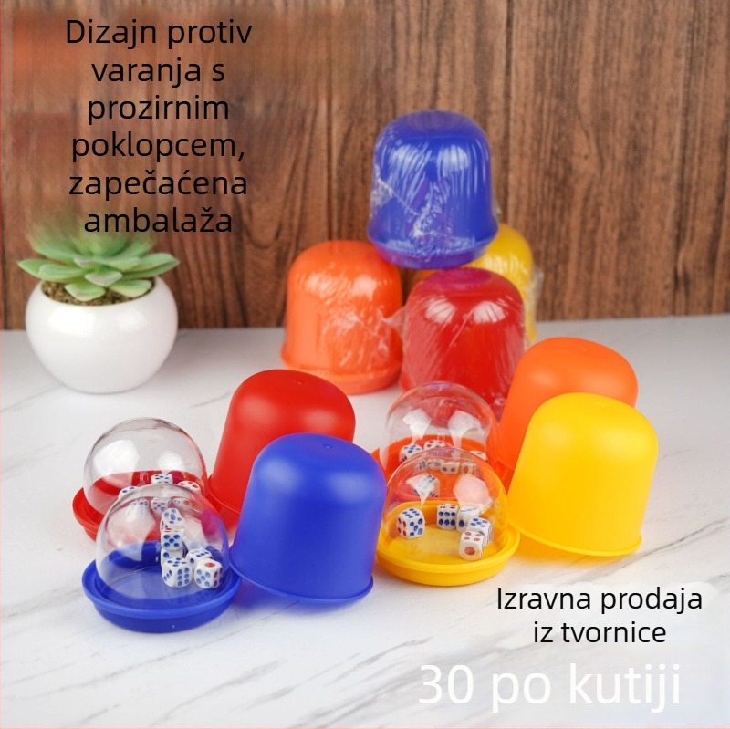 Plastični set čašica za kockice s prozirnim poklopcem, zaobljeni kutovi, 5 ugrađenih kockica, za šah i karte