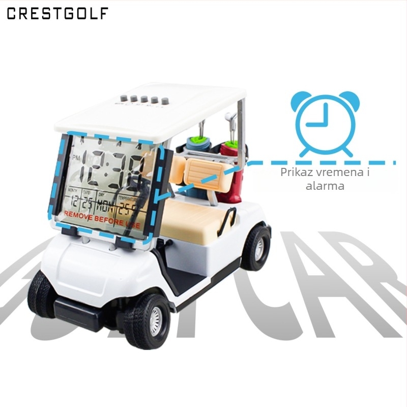 Model golf kart od legure za uredski ukras, metalni stolni ukras s prikazom budilice
