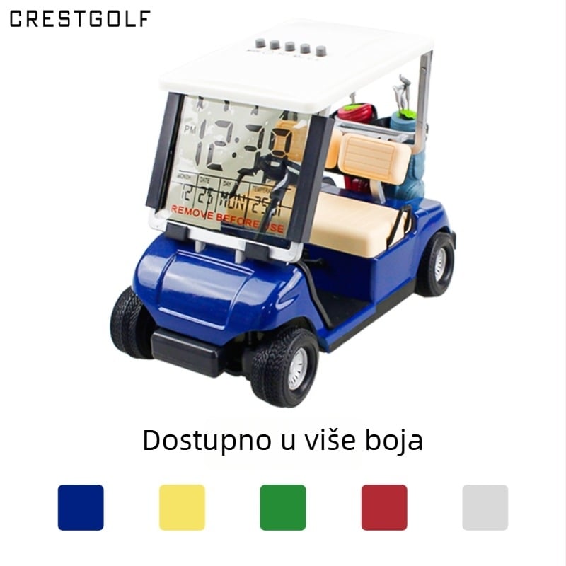 Model golf kart od legure za uredski ukras, metalni stolni ukras s prikazom budilice