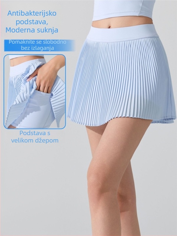 Ženska sportska plisirana suknja s visokim strukom i ugrađenim šorcima protiv prozirnosti, poliester, antibakterijska podstava 5A