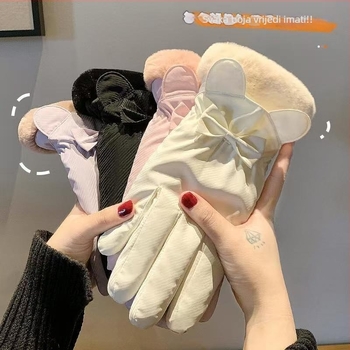 Ženske zimske rukavice za skijanje, najlonske, kompatibilne s dodirnim zaslonom, dizajn s ušima medvjeda i mašnicom