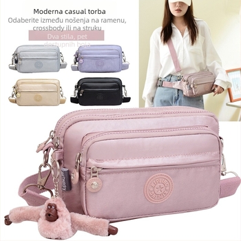Ženska crossbody torbica — casual, svestrana, lagana, vodootporan najlon; gradski stil, horizontalni kvadratni oblik, zatvarač, podstava od poliestera, unutarnji džep sa zatvaračem i džep za telefon