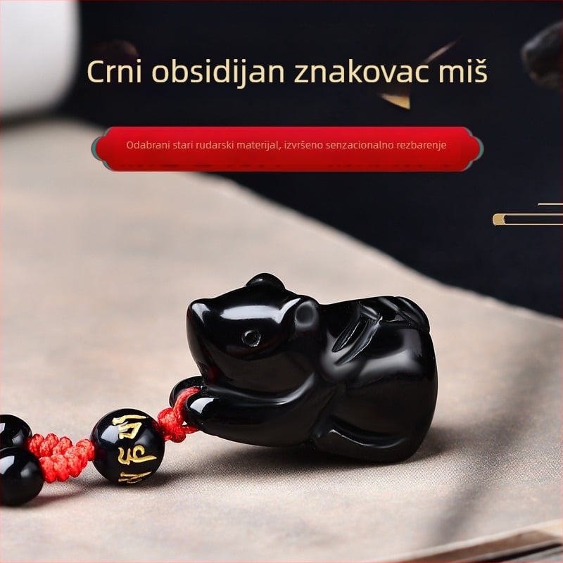 Ogrlica s privjeskom od prirodnog obsidijana, 3D miš – unisex nakit, zodijak Miš, stil Nacionalni Vjetar