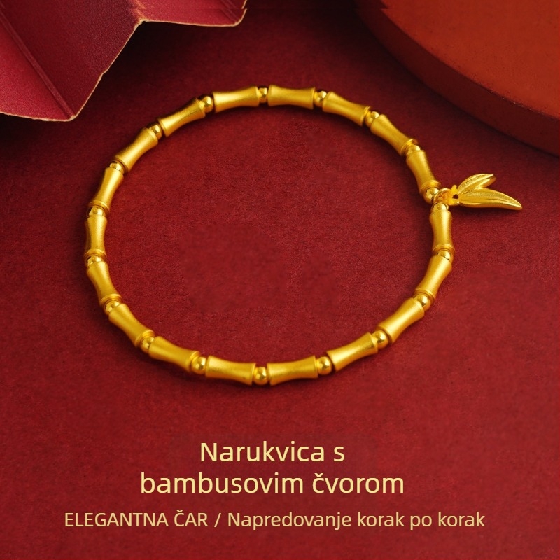 Ženski bakreni narukvica s pozlaćivanjem, bambus segmenti, kuglice Hetian jade, motiv lišća, etnički nakit