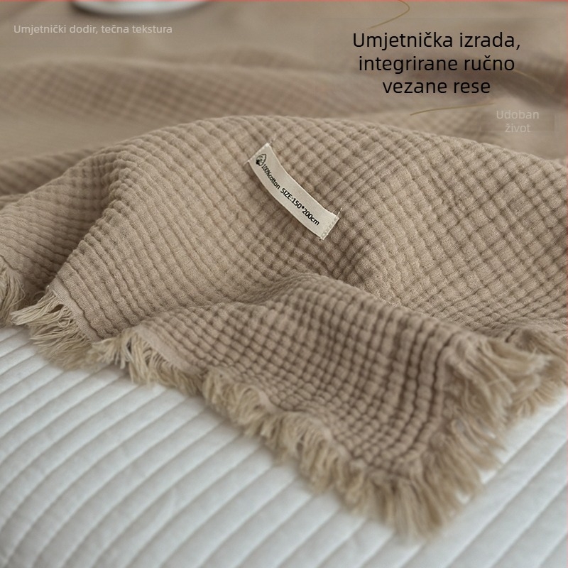 Pamučna deka s četiri sloja gaze i resicama, za kauč i krevet, retro stil