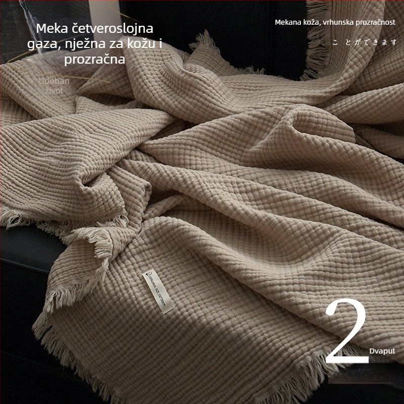 Pamučna deka s četiri sloja gaze i resicama, za kauč i krevet, retro stil