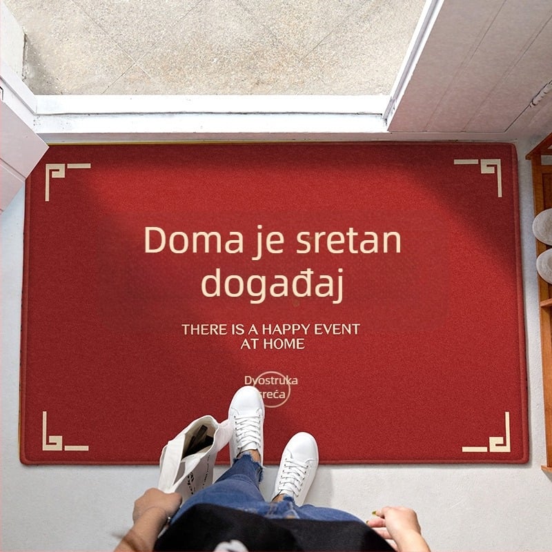 Crveni prostirač za vrata s motivom Dvostruka sreća za svadbu, dom i kupaonicu