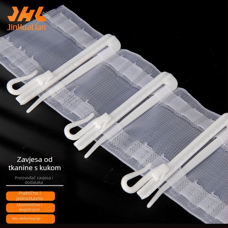 Plastična kuka za zavjese od tkanine za vješanje zavjesa; modeli JA-1, J00-1, H60-003, J50-009, H60-005; uključuje kukice i opružne klipse.