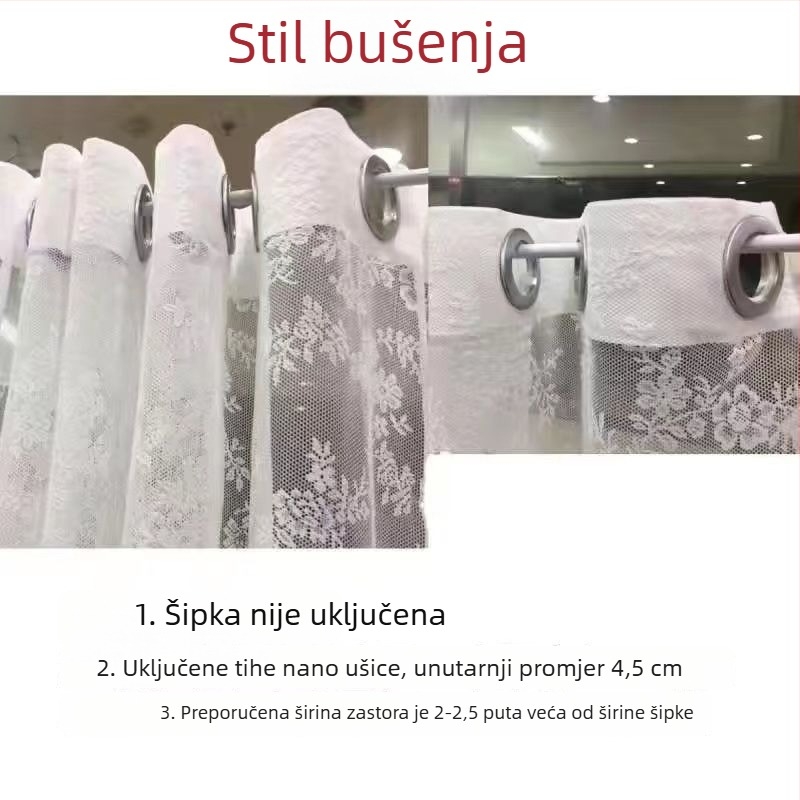 Francuska seoska čipkasta prozirna zavjesa za kuhinju, bijela, Velcro zatvarač, bez bušenja